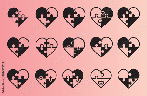 Heartshaped puzzle pieces collection in various styles and designs