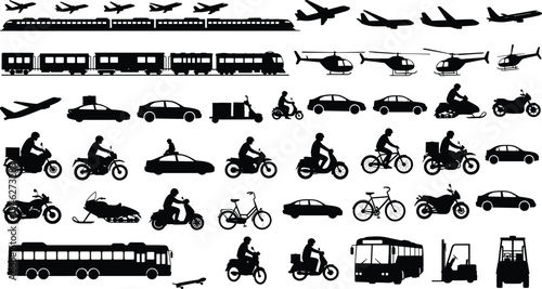 Mega set of transportation silhouettes including airplanes, trains, cars, motorcycles, buses, and delivery scooters, diverse vehicle collection for logistics and urban travel design