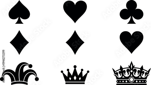 Playing Card Suit Icons Set Featuring Spade Heart Club Diamond Jester Hat and Royal Crown Vector Silhouettes Isolated on White Background for Casino Design
