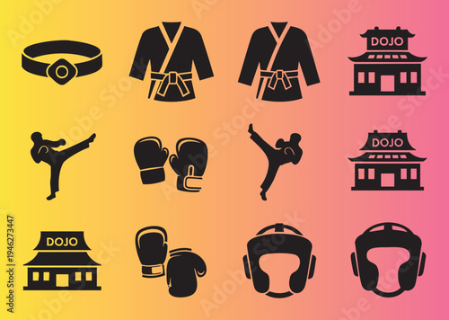 Martial arts icons set with dojo gloves and uniforms isolated design