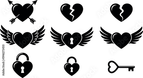 Black Heart Silhouette Vector Icon Set Featuring Winged Hearts Broken Hearts Padlock Key and Cupid Arrows Isolated on White Background for Valentine Design