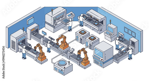 Automated Manufacturing Factory Floor with Robotic Arms and Machinery.