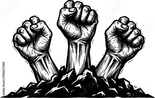 Three Raised Fists Rising from Rocks in Woodcut Style Vector Illustration Representing Strength Revolution Unity Protest Solidarity and Human Rights Struggle Concept
