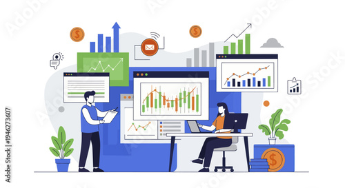 Business analytics and data visualization with people working on charts.