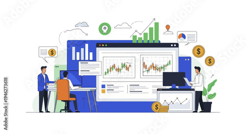 Business analytics and financial data analysis on computer screens.