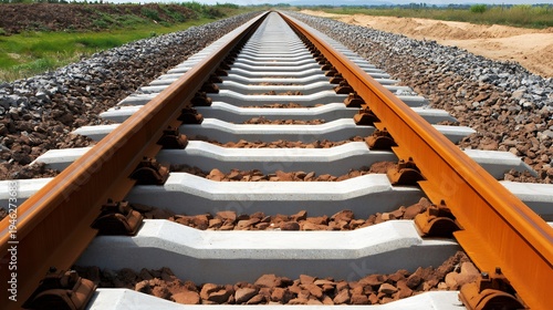 Parallel railway tracks stretch into the horizon with concrete sleepers