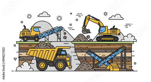 Construction site with heavy machinery and mining operations.