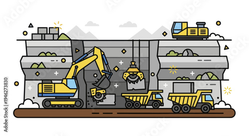 Construction site with heavy machinery and trucks working in a quarry.