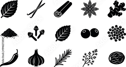 Cooking Spices and Herbs Icon Set Featuring Cinnamon Ginger Garlic Chili and Star Anise Silhouette Vector Illustration for Kitchen and Restaurant Graphic Design