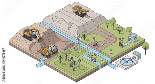 Construction site with heavy machinery and water management system.