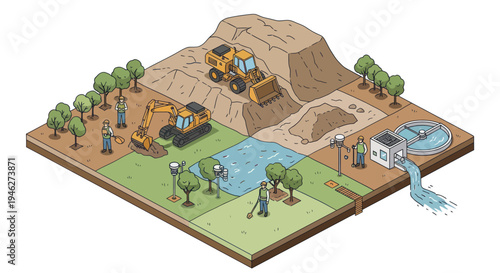 Construction site with heavy machinery and water management system.