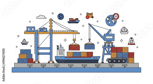 Container Ship Loading and Unloading at Port with Cranes and Cargo.