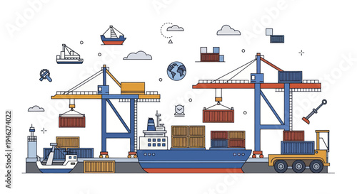 Container Ship Loading and Unloading at a Busy Port Terminal.