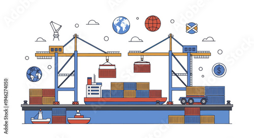 Container Ship Loading and Unloading at Port with Cranes and Cargo.