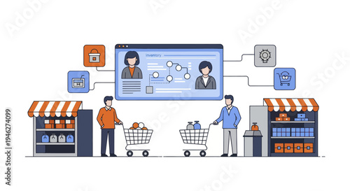 Customer data management and online shopping experience illustration.