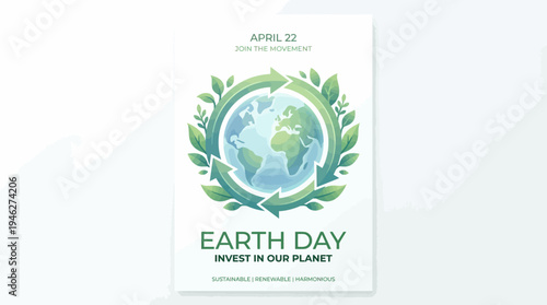 Earth Day Poster with Globe and Leaves.