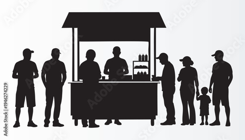 Silhouettes of people at an outdoor food stall scene