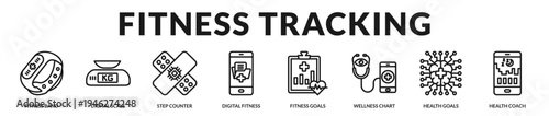 Fitness tracking banner showcasing wearable technology and digital tools for monitoring physical activity and health progress in Lineal Icon Style