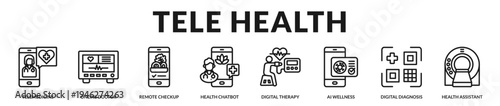 Tele health banner illustrating remote healthcare services powered by intelligent digital medical platforms in Lineal Icon Style