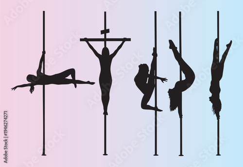 Silhouettes of pole dancing and acrobatic poses on transparent background