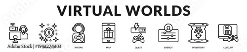 Virtual worlds banner highlighting immersive environments where players explore interactive digital universes in Lineal Icon Style