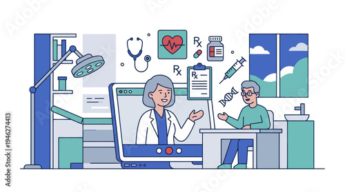 Doctor and patient interacting through online video call for medical consultation.