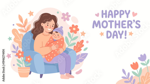 Mother holding baby in armchair illustration.
