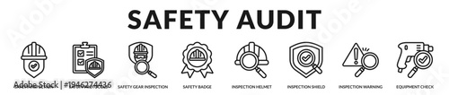 Safety audit banner highlighting protective compliance inspections and workplace safety evaluation systems in Lineal Icon Style