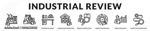 Industrial review banner representing operational inspections within manufacturing and production environments in Lineal Icon Style
