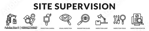 Site supervision banner illustrating field inspection activities and operational monitoring tools in Lineal Icon Style