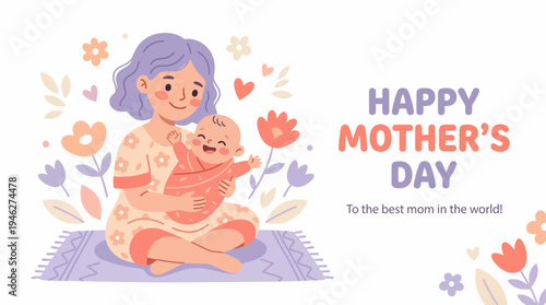 Mother Holding Baby on Mothers Day Illustration.