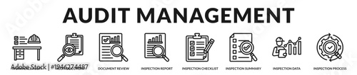 Audit management banner presenting structured documentation and oversight systems for operational compliance in Lineal Icon Style
