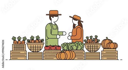 Farmers selling fresh produce at a market stall.