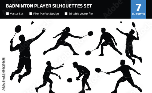 Collection of badminton player silhouettes performing smash serve jump and rally shots dynamic racket sport action poses isolated set
