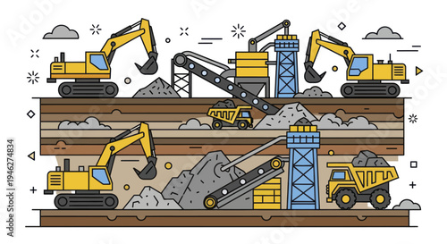 Heavy machinery operating in an open-pit mine with conveyor belts and trucks.