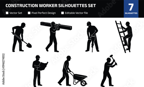 Collection of construction worker silhouettes performing building tasks digging carrying plank drilling hammering ladder climbing and engineering planning isolated set