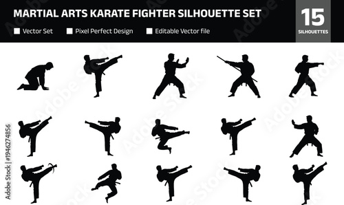 Collection of martial arts fighter silhouettes performing karate and taekwondo kicking poses isolated set of dynamic combat training action stances for sport design