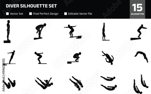 Diver silhouette set with diverse competition actions featuring springboard starts synchronized diving and acrobatic mid-air tucks for swimming and aquatic sport design