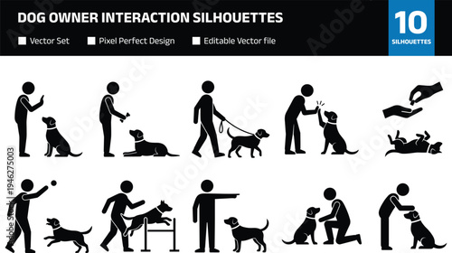 Collection of dog owner interaction silhouettes showing training feeding walking playing grooming and caring pet animal activity isolated set