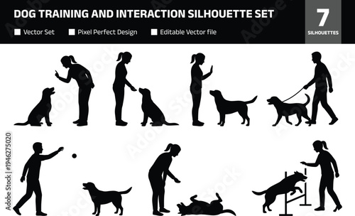 Dog training and interaction silhouette set showing people training pet dog sitting walking playing jumping and obedience activities isolated black vector illustration collection