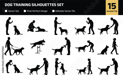 Collection of dog training silhouettes showing owner playing feeding walking teaching and agility jump with pet animal interaction poses isolated set