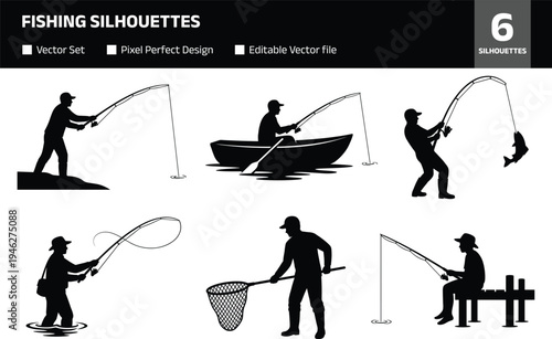 Collection of fishing silhouettes showing anglers catching fish with rod boat and net outdoor recreational fishing activity poses isolated sport fisherman set