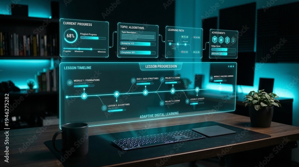 Fototapeta premium Adaptive digital learning interface projects course progression, algorithms, and achievements as a futuristic holographic display on a modern desk, showcasing online education technology.