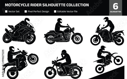 Motorcycle rider silhouette collection showing sport bike cruiser rider motocross stunt and street motorbike riding action isolated black vector illustration set