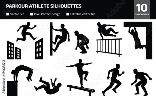 Collection of parkour athlete silhouettes performing urban freerunning jumps climbing vaulting and balance tricks dynamic extreme sport action poses isolated set