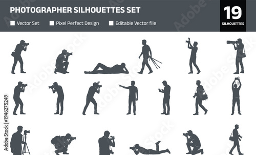 Set of photographer silhouettes capturing photos in different poses professional camera operators shooting standing kneeling lying positions creative photography collection isolated