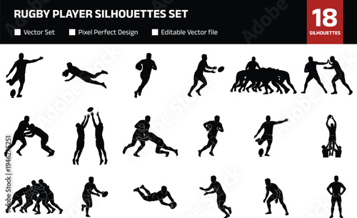 Collection of rugby player silhouettes performing running tackling passing scrummage and diving action poses team sport competition athletes isolated set