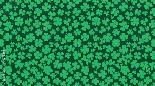 Dense green seamless pattern of shamrock clovers on a dark emerald background for St. Patrick's Day designs and festive graphics.