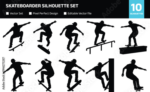 Skateboarder silhouette set with diverse street skating actions featuring athletic men performing ollies kickflips grinds and board slides for urban sports design
