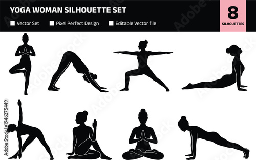 Yoga woman silhouette set with diverse wellness poses featuring female athlete performing tree pose downward dog warrior cobra and meditation for fitness and health design